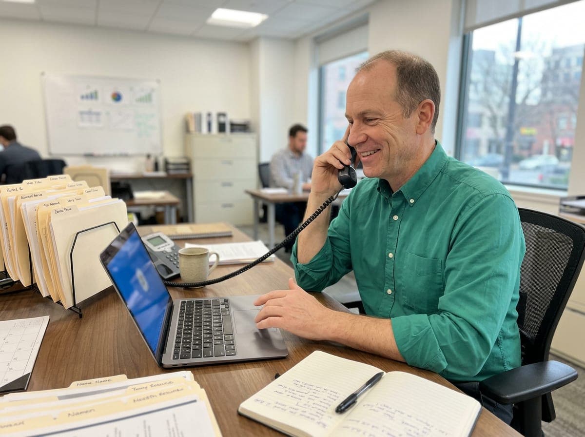 Two executive search consultants sit at a conference table with a laptop and printed candidate resumes, discussing a placement.