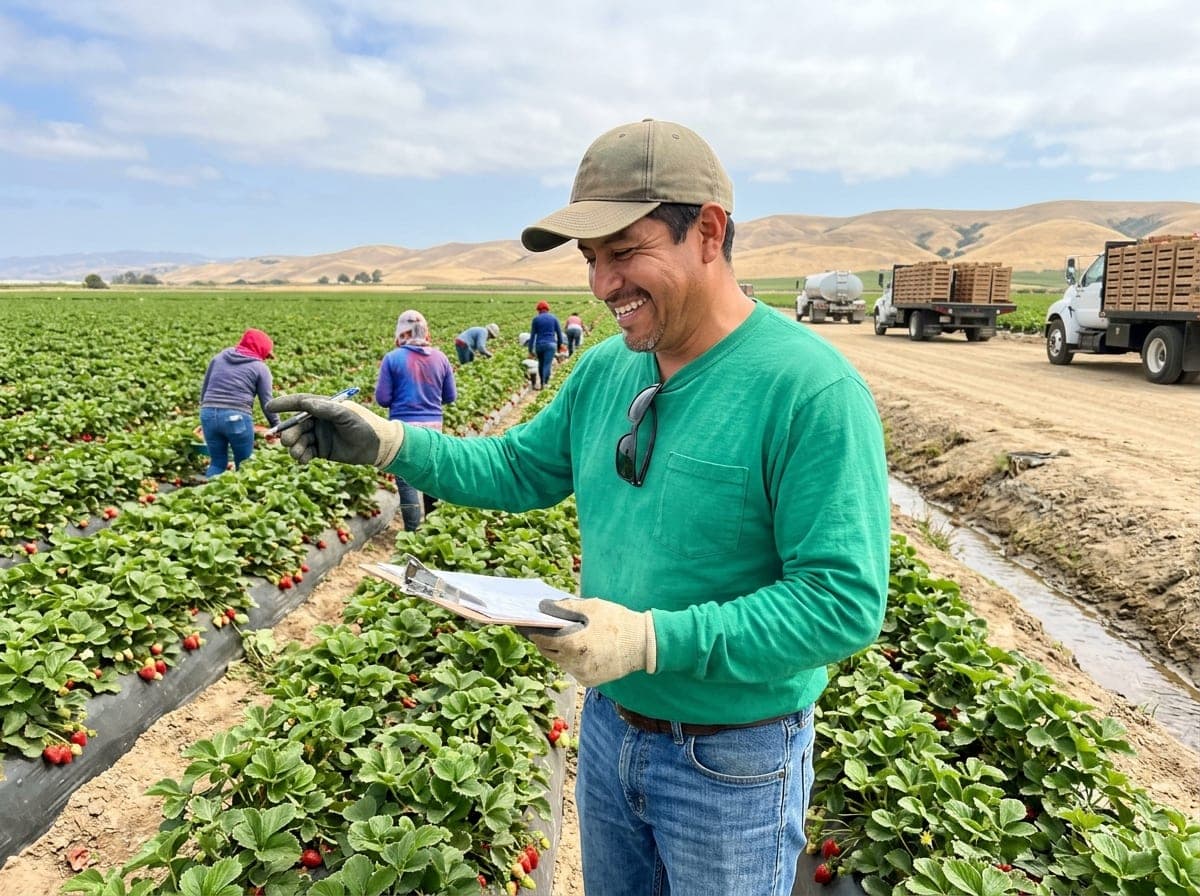 A farm labor contractor checks a clipboard while farm workers harvest produce in a field.