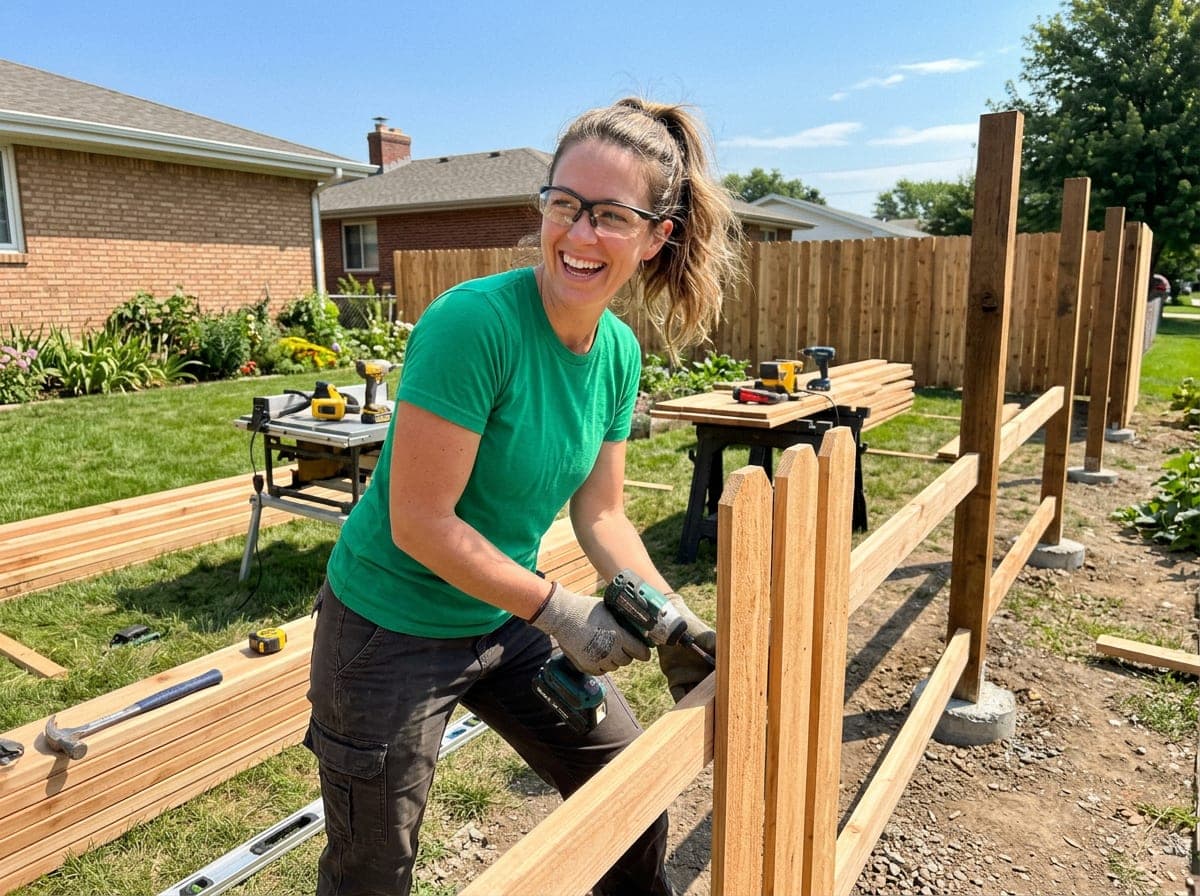 A fence crew setting posts for a new wooden privacy fence