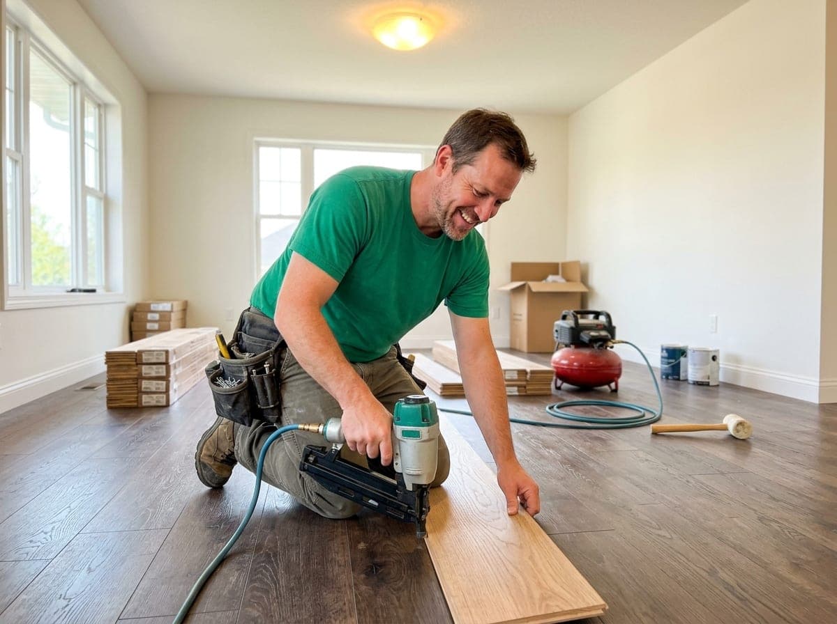 A worker installing new planks on a floor