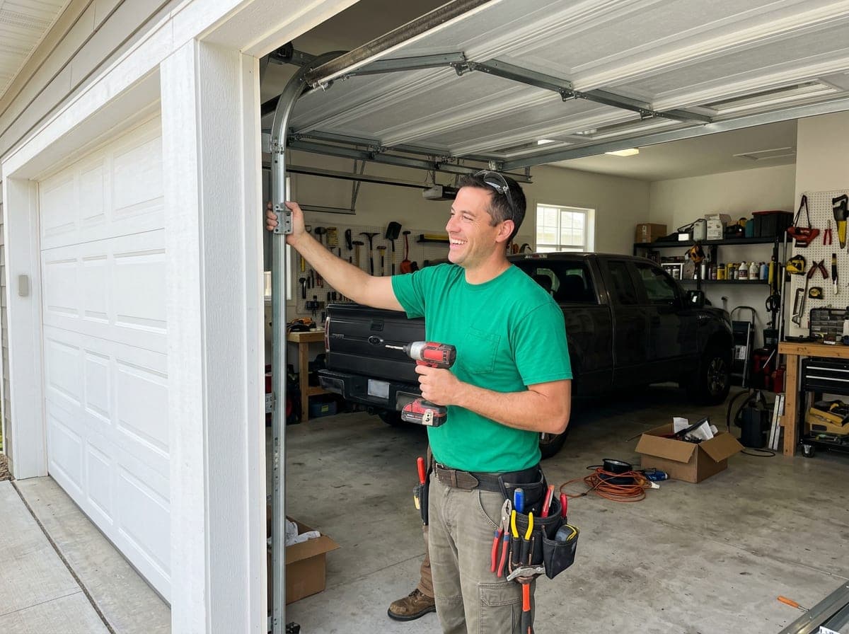 A technician installing a garage door spring on a residential door