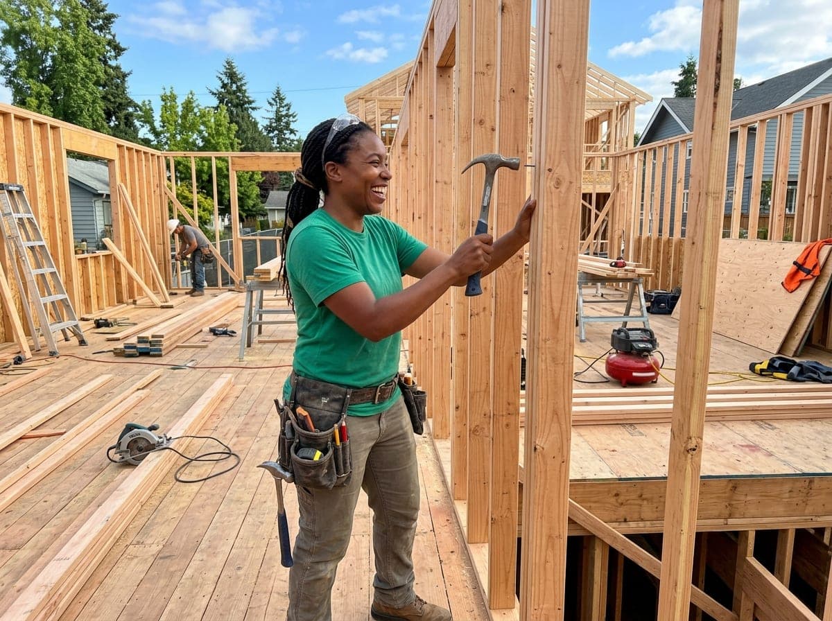 General contractor in a hard hat reviewing plans with a framer on a residential build, lumber stacked and a skid steer in the background.