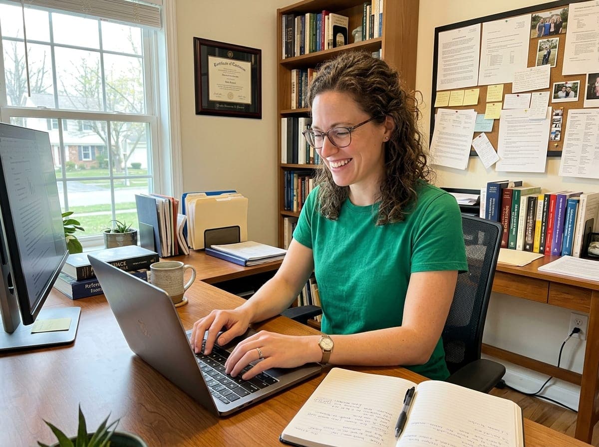 A grant writer drafting a funding proposal at a desk, with a stack of source documents and a calendar open beside the laptop.
