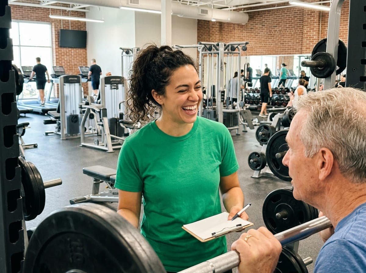 A member lifting dumbbells on a rack in a clean, well-lit gym floor while another member works out on a bench behind them.