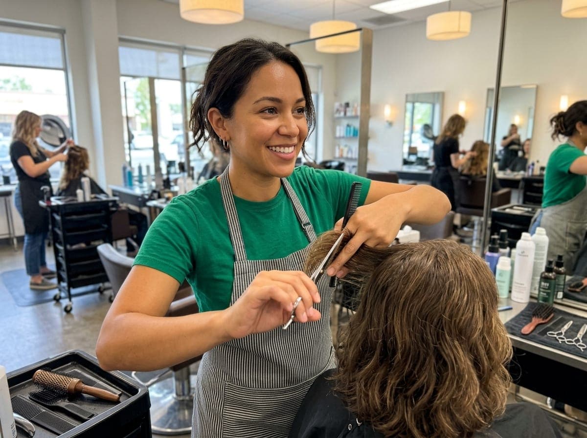 A hairstylist blow-drying a client's hair in a bright salon with mirrored stations.