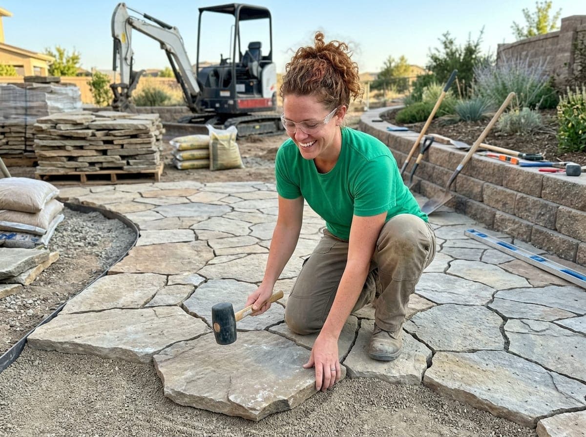 Workers laying concrete pavers on a patio, leveling each stone with a rubber mallet as they go.