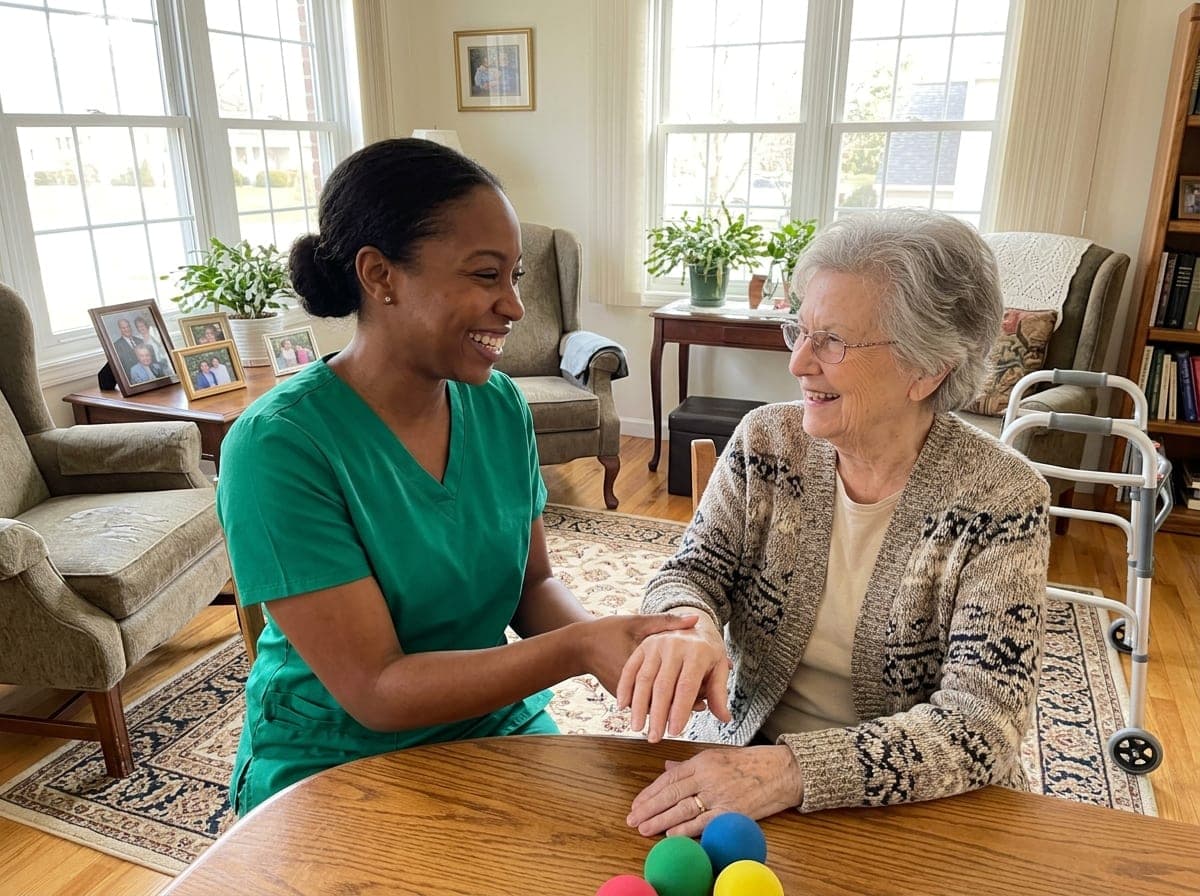 A brick-and-mortar home health office with a caregiver reviewing a schedule on a tablet next to an older client in a chair
