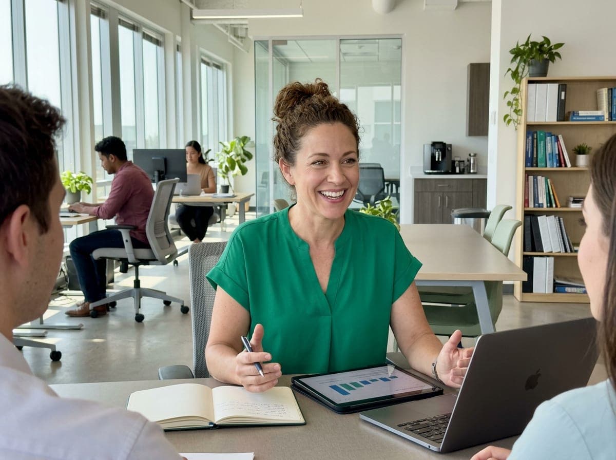 An HR consultant presents a project plan to a client team in a conference room
