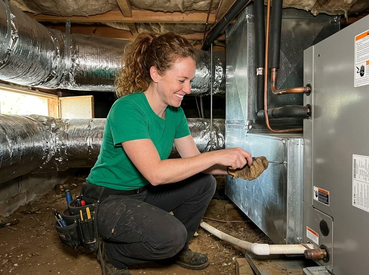 HVAC technician kneeling at an outdoor condensing unit, checking refrigerant lines while a homeowner watches from the porch.