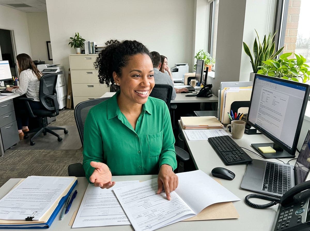 An insurance agent at a desk reviewing policy documents with a client, with a computer and paperwork on the desk.