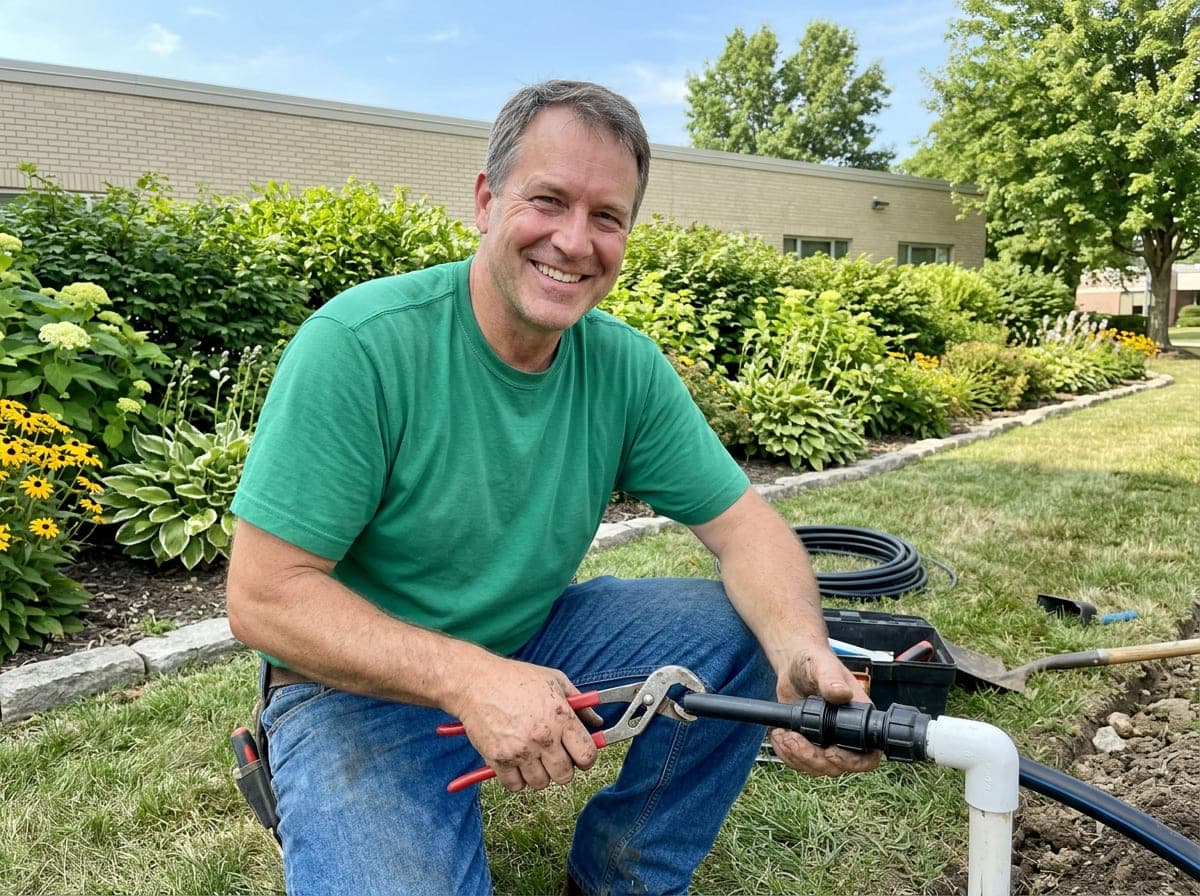 An irrigation technician kneeling at a sprinkler valve box in a landscaped yard, fitting a pipe with a wrench.