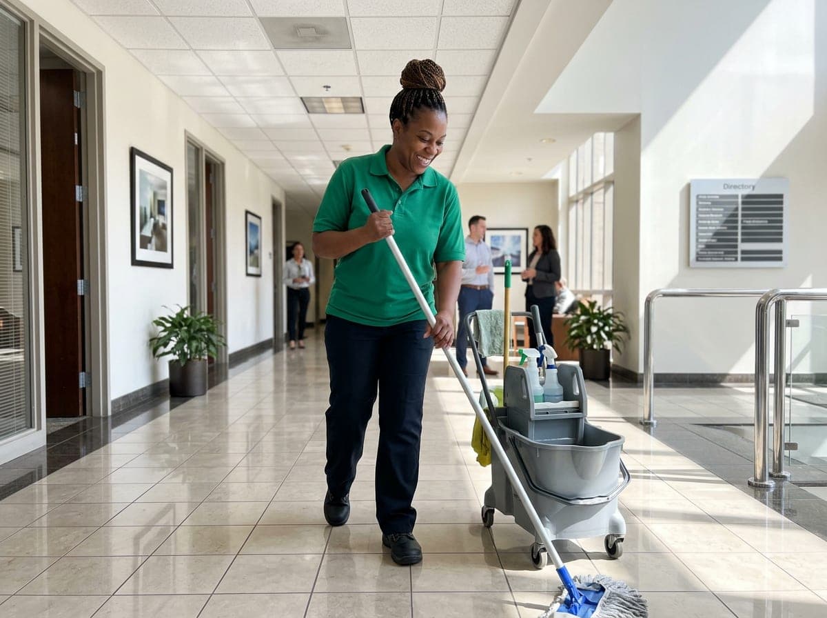 An employee in a polo shirt and cleaning gloves sanitizing a reception desk with a microfiber cloth, a cart holding spray bottles and supplies beside them.