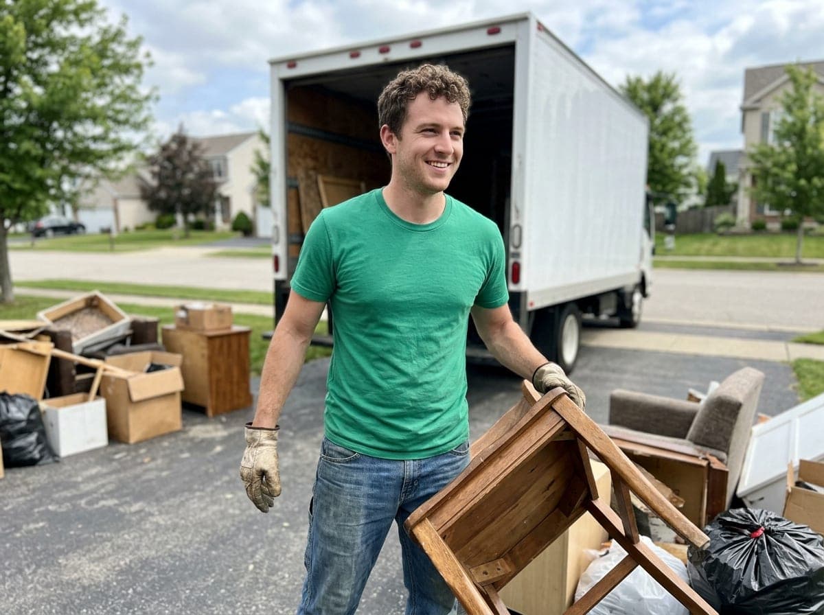 A two-person crew loads furniture and boxes out of a house into the back of a junk removal truck parked in the driveway.