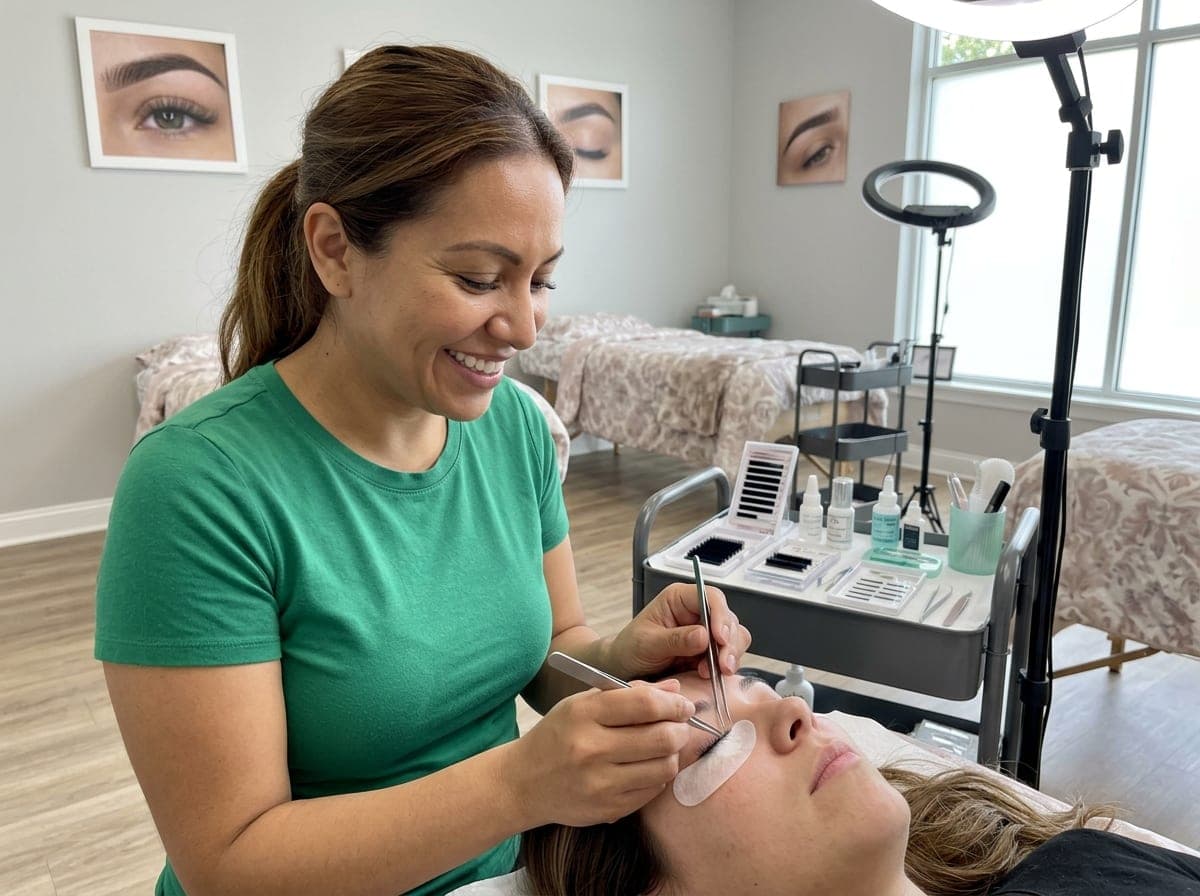 A technician applies lash extensions to a client reclining on a treatment bed in a bright, clean studio.