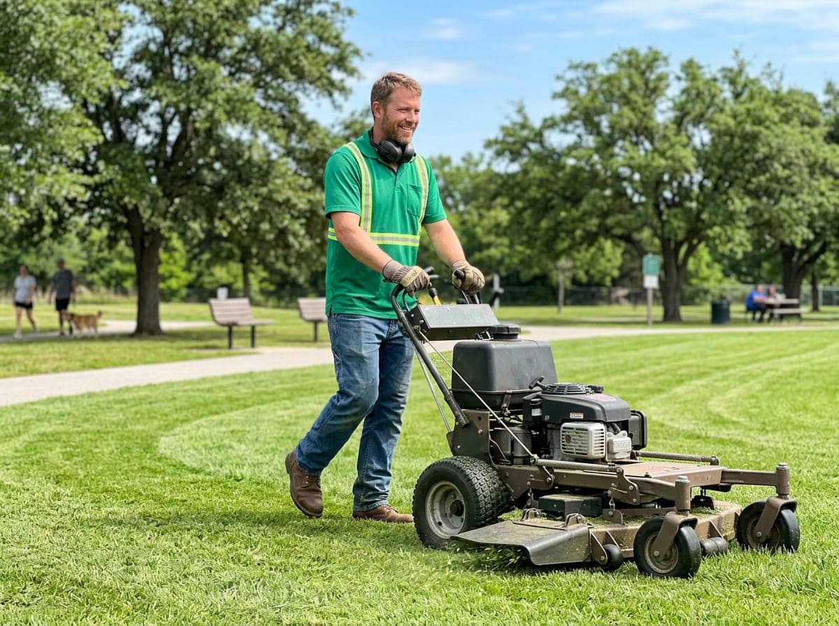 A lawn care crew mowing a large residential lawn in summer.