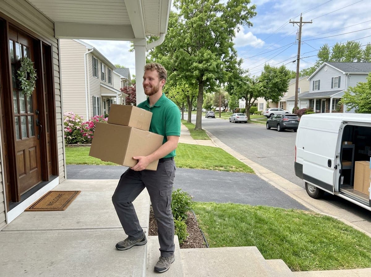 A delivery driver in a branded van hands a package to a customer at a front door
