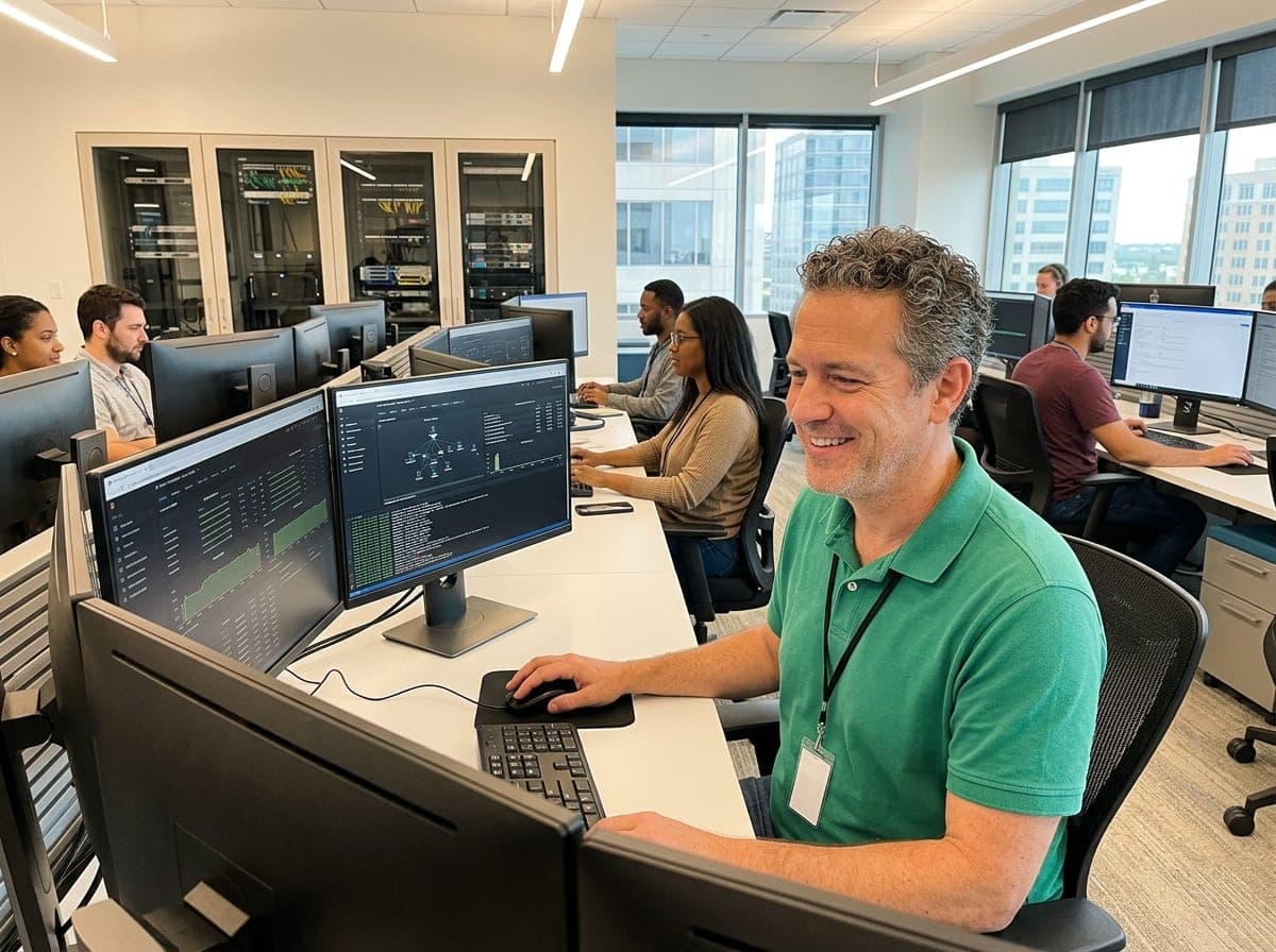 A technician at a managed service provider reviewing a client's system status on a large monitor