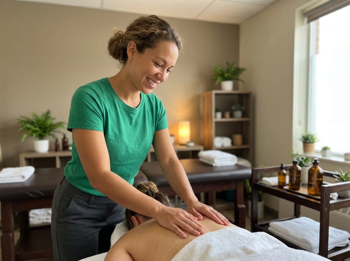 Therapy table in a massage studio with folded linens