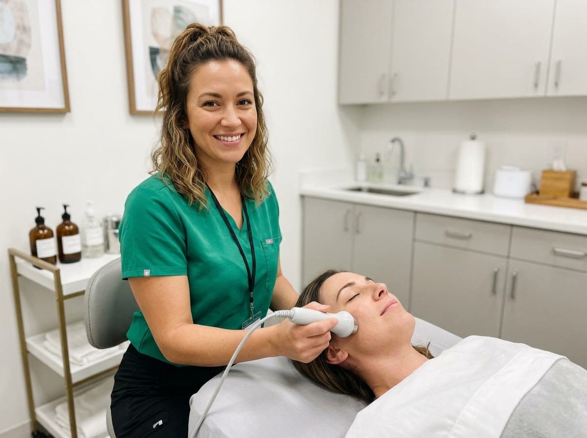 A med spa practitioner applying a non-invasive procedure to a patient in a bright, modern treatment room