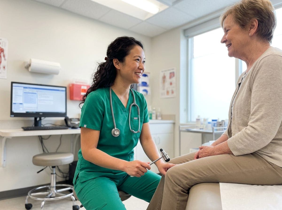 A physician in a white coat at a desk in a private practice office, reviewing a patient chart while scheduling notes and paperwork sit beside the computer.