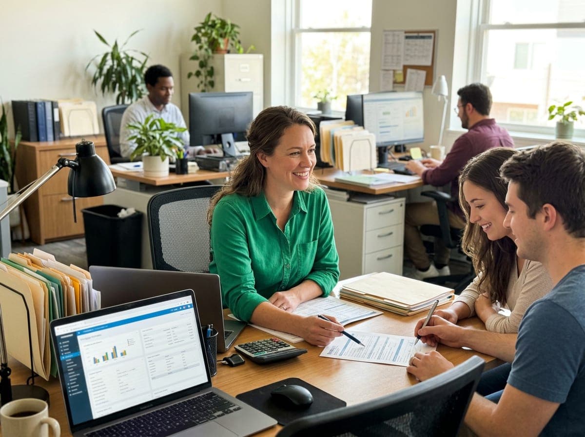 A mortgage broker reviewing loan applications at a computer desk with a phone to one ear, speaking with a lender.