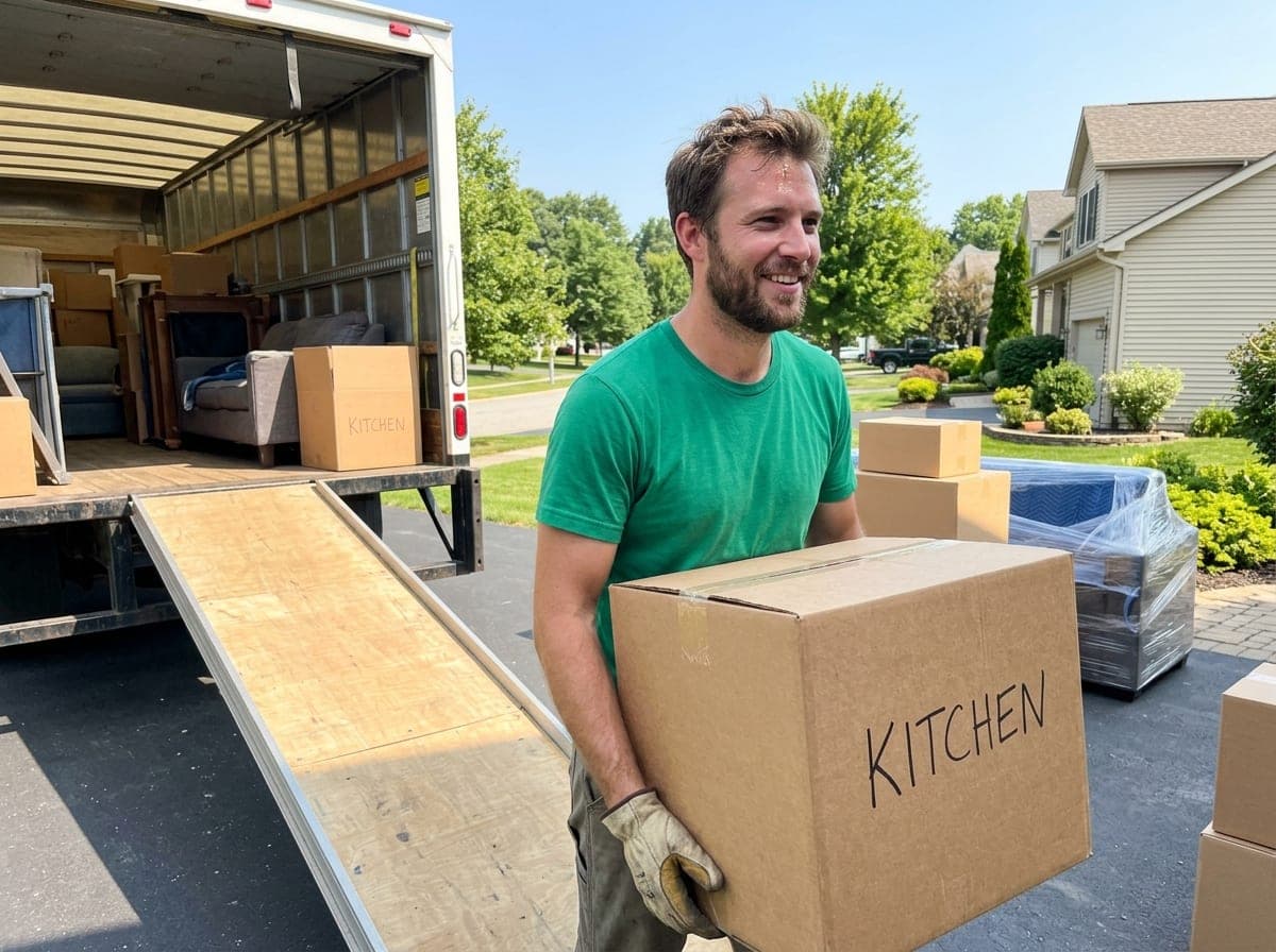 Two movers in matching shirts carry a padded sofa up a ramp from a moving truck parked in a residential driveway, with a third crew member standing at the open rear door of the truck.