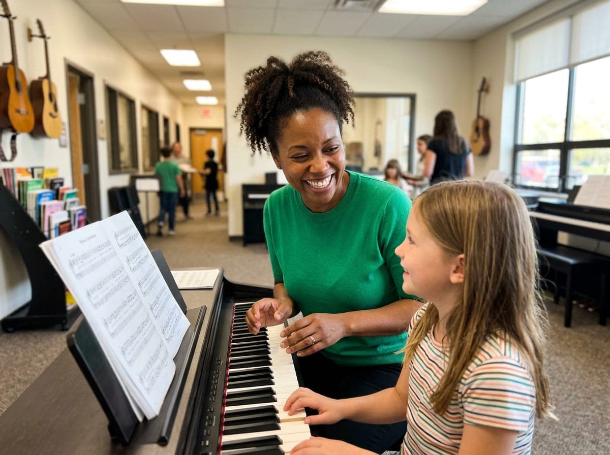 A teacher leans over a young student at the piano during a private lesson, turning a page of sheet music on the stand.