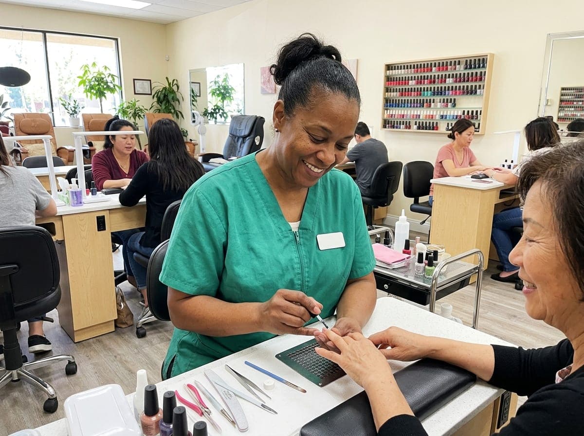 A nail technician filing a client's nails at a bright manicure station, with bottles of polish lined up on the counter.