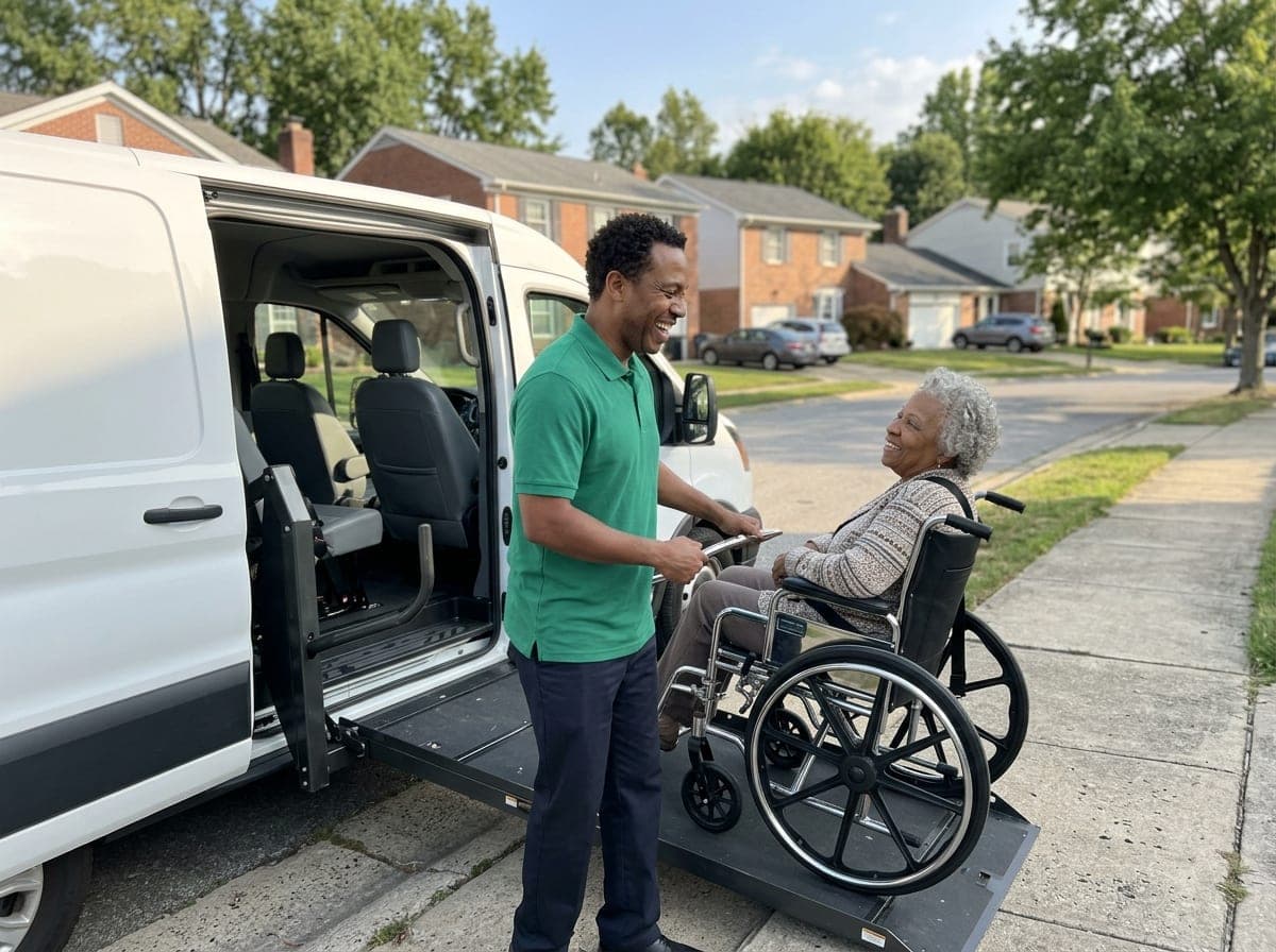 A driver helps a wheelchair passenger into a wheelchair-accessible van parked at the curb outside a clinic.