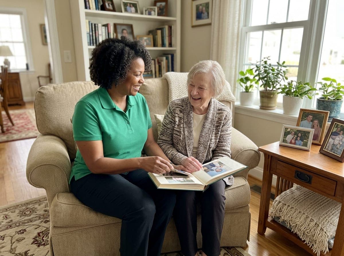 A caregiver gently helping an older woman take a walk with a walker in a bright living room.