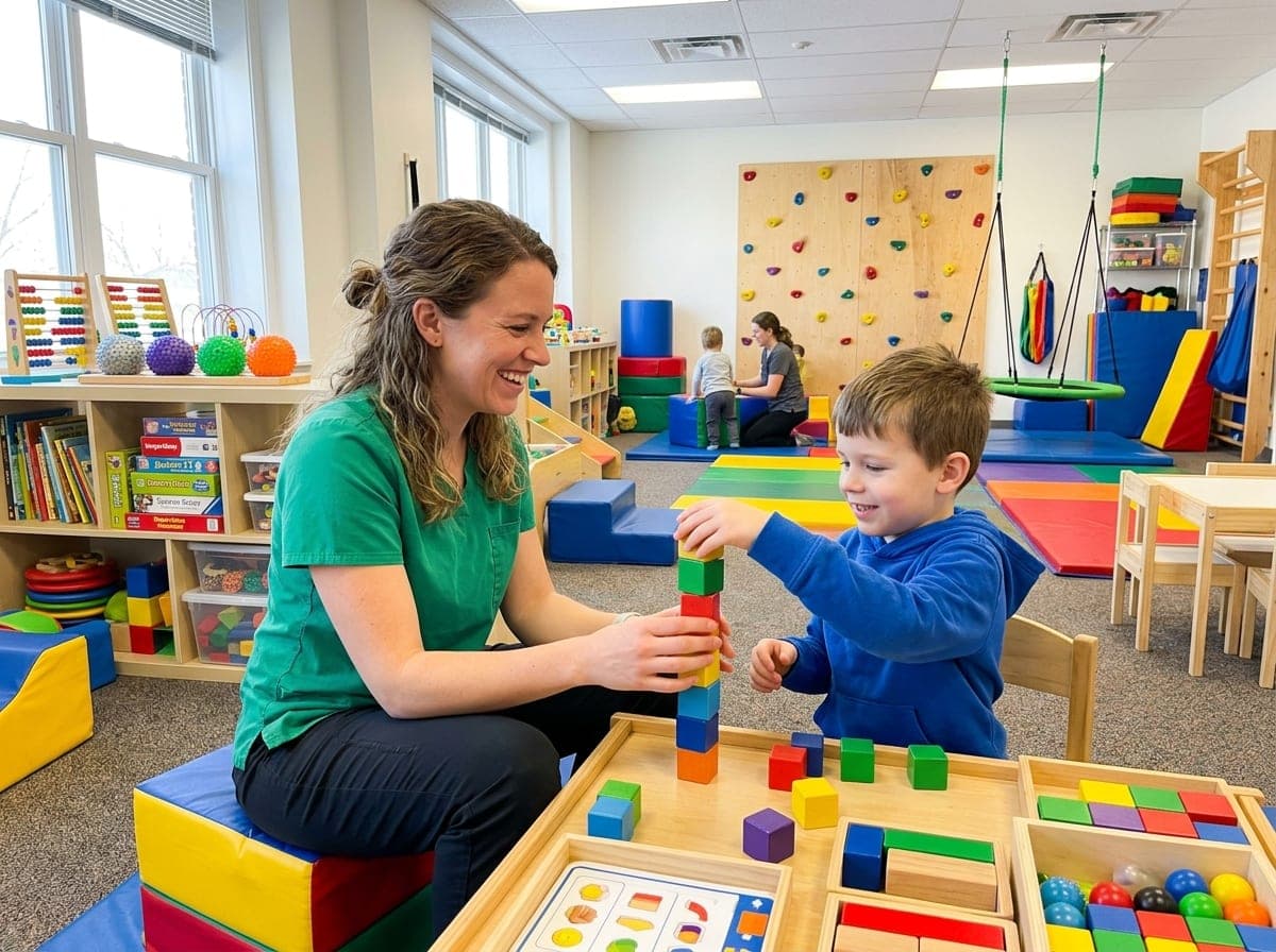 An occupational therapist working with a child on fine motor skills at a table in a bright clinic room, with therapy tools and sensory equipment around them