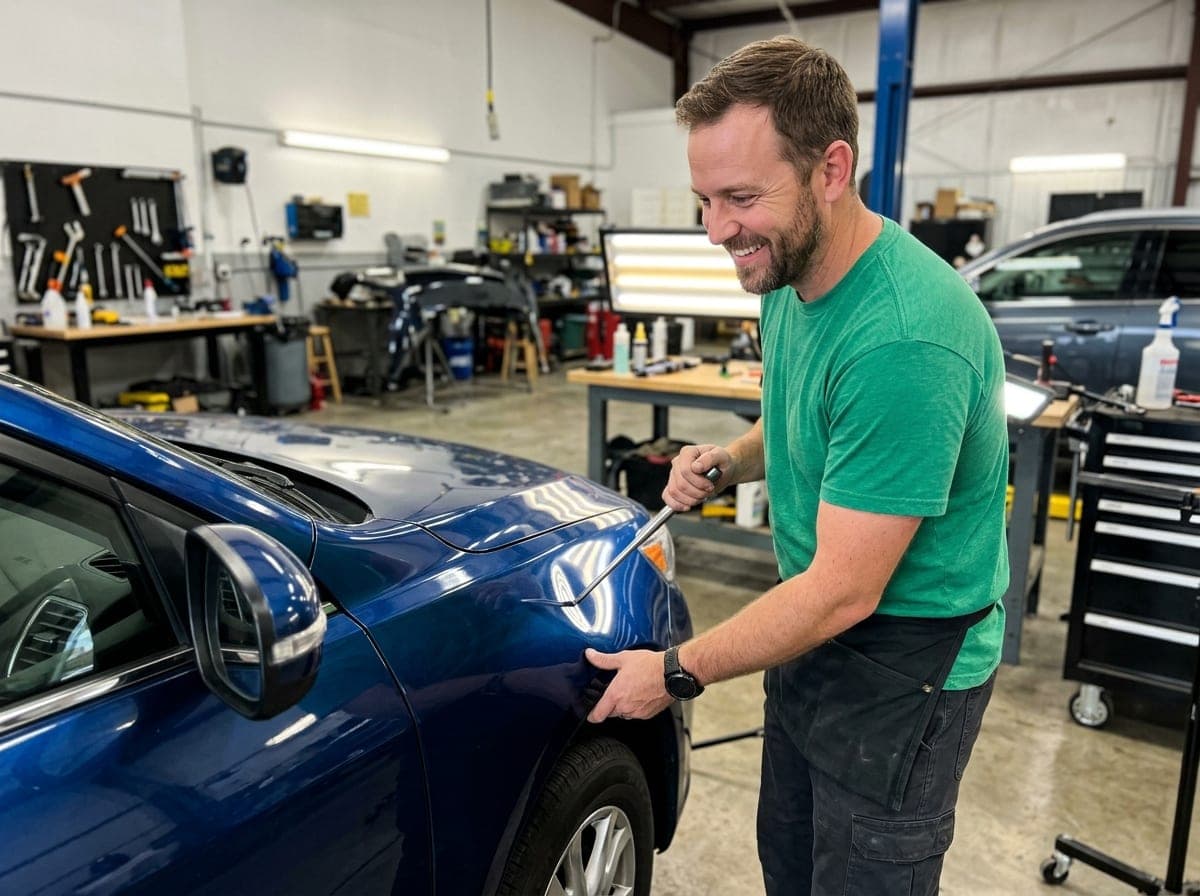 A paintless dent repair technician pressing a dent out of a car door with a metal rod, tools laid out on a rolling cart beside the vehicle.