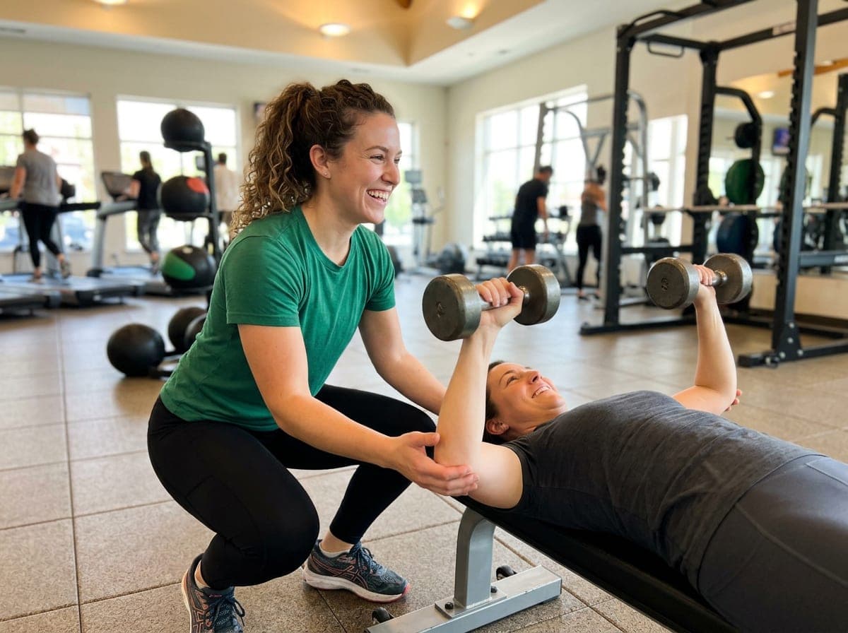A personal trainer counting reps for a client doing dumbbell lunges in a sunlit gym.