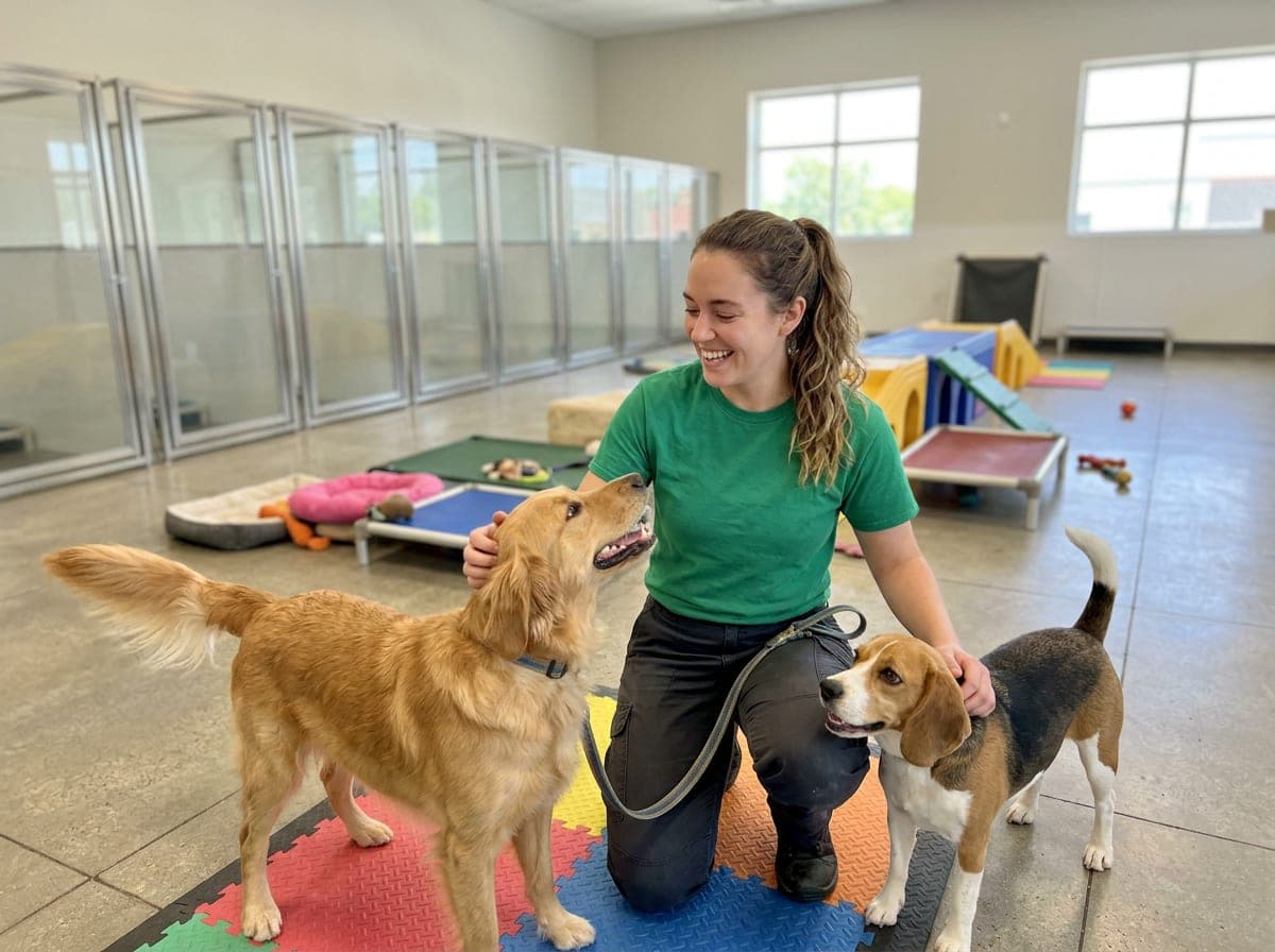 A pet boarding facility with a staff member cleaning a kennel run while a dog rests nearby