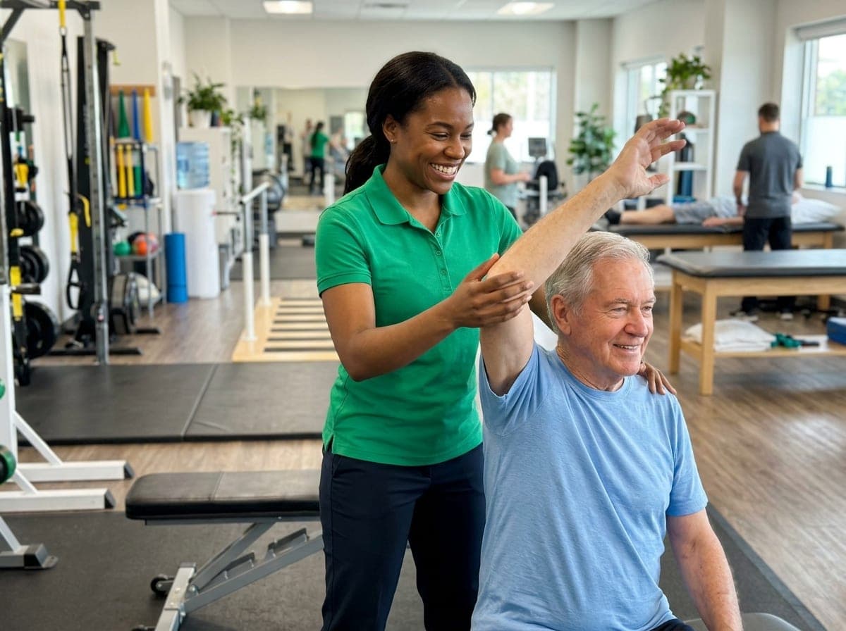 A physical therapist guides a patient through a stretching exercise on a treatment table in a bright clinic room.