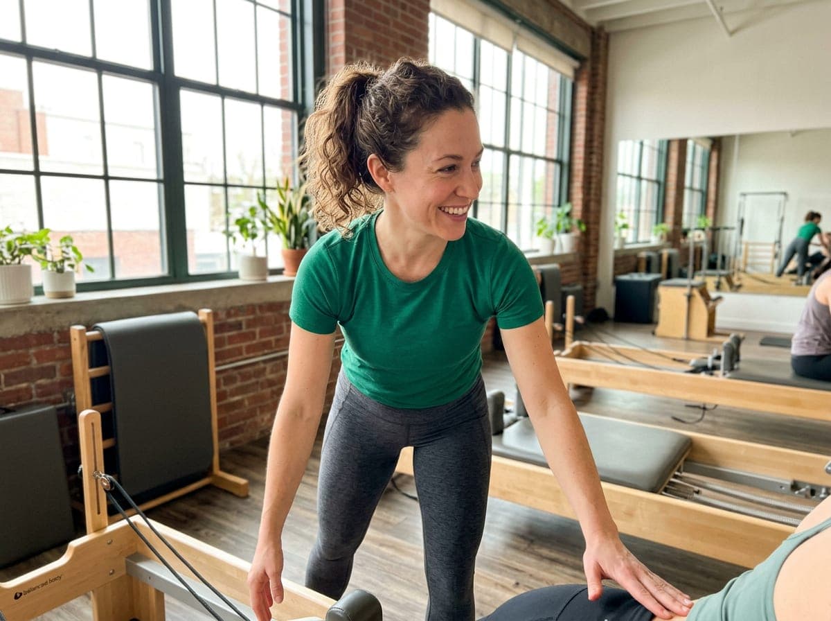 Instructor guides a member through a reformer exercise in a Pilates studio.