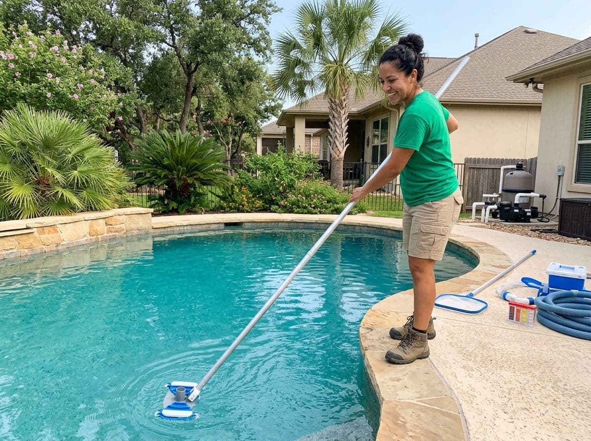 A technician in a polo shirt tests the chemical levels in a residential swimming pool using a dropper and test kit.