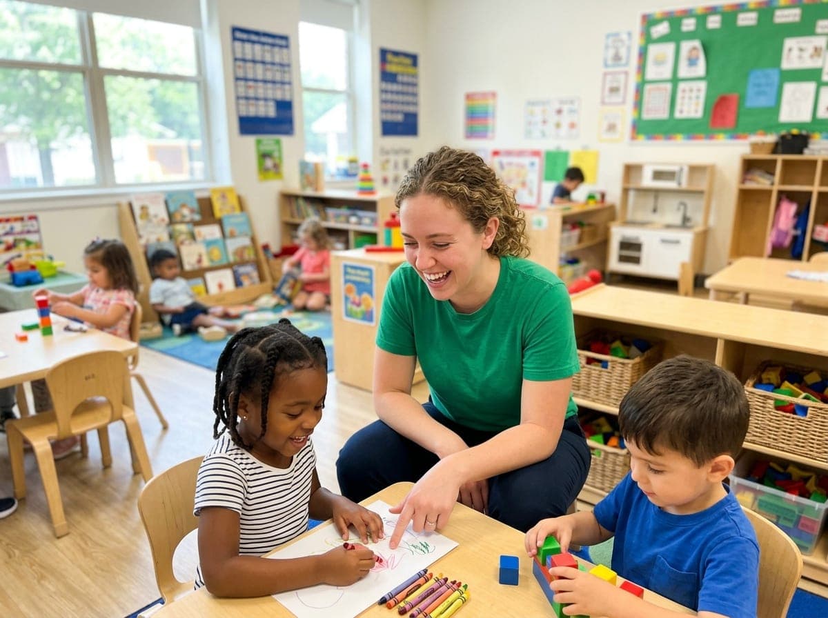 A teacher in a bright preschool classroom sitting on the floor reading a picture book to a small group of children.