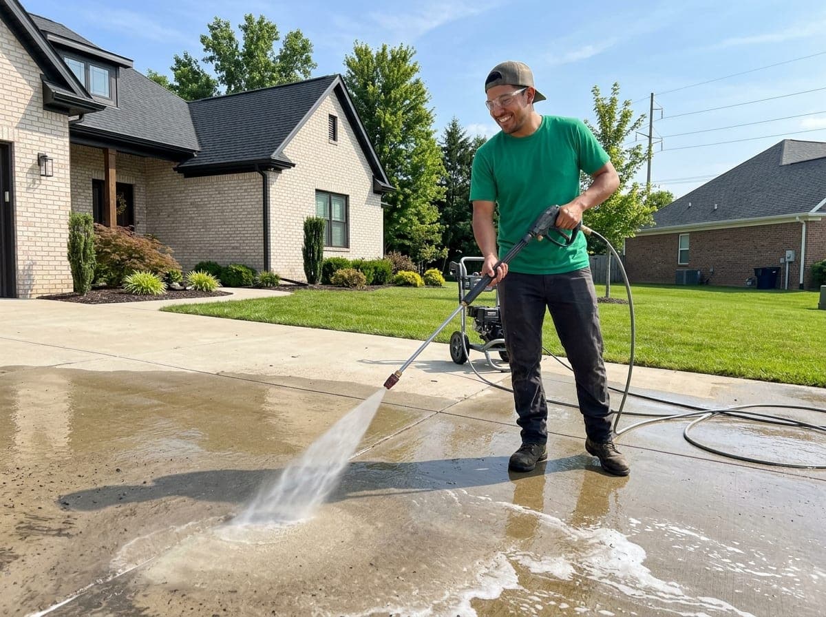 A pressure washer operator blasting dirt and grime off a concrete driveway with a high-pressure wand.