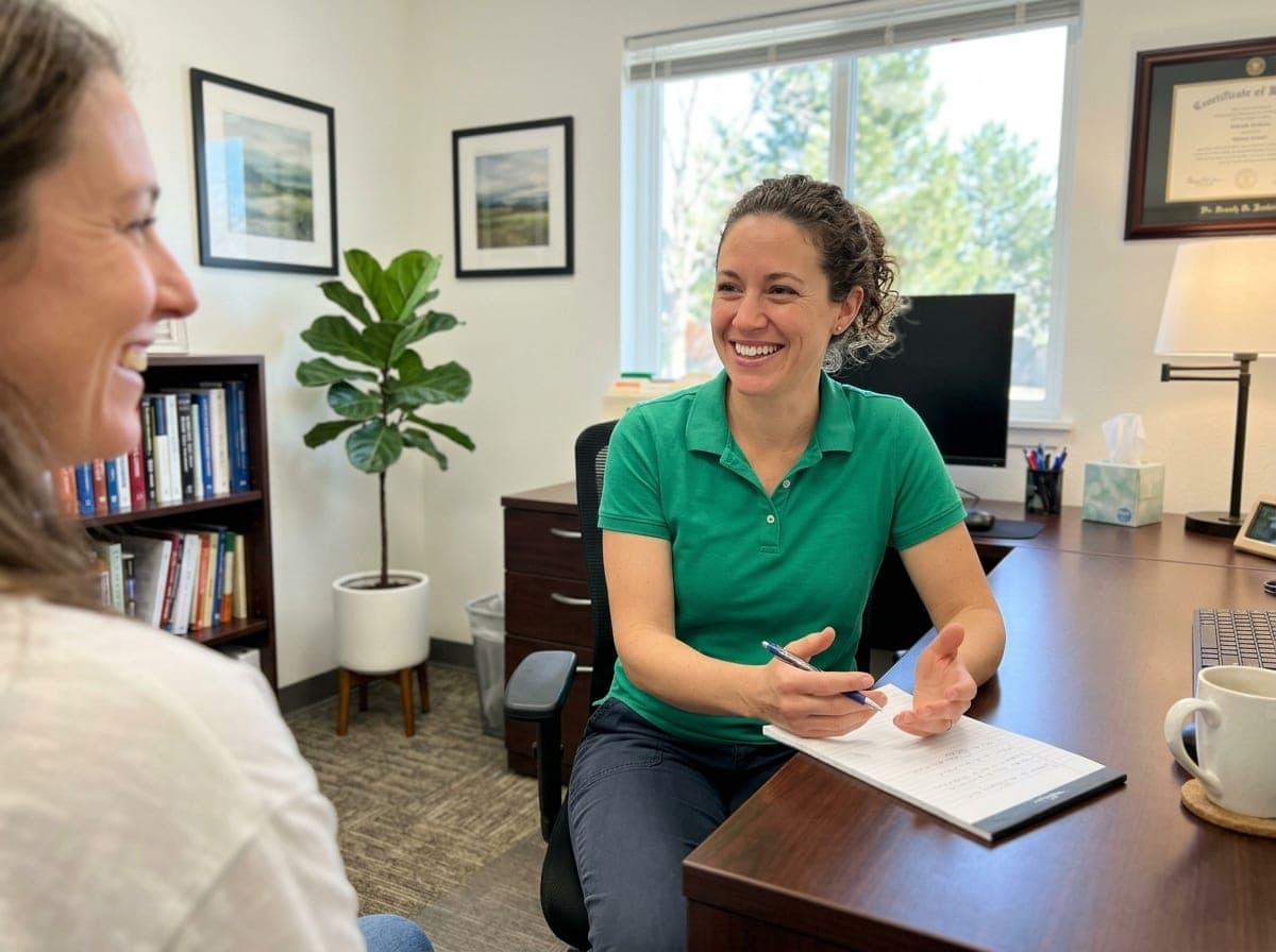 A psychiatrist in a white coat sits at a desk talking with a patient across a small table, a laptop open between them.