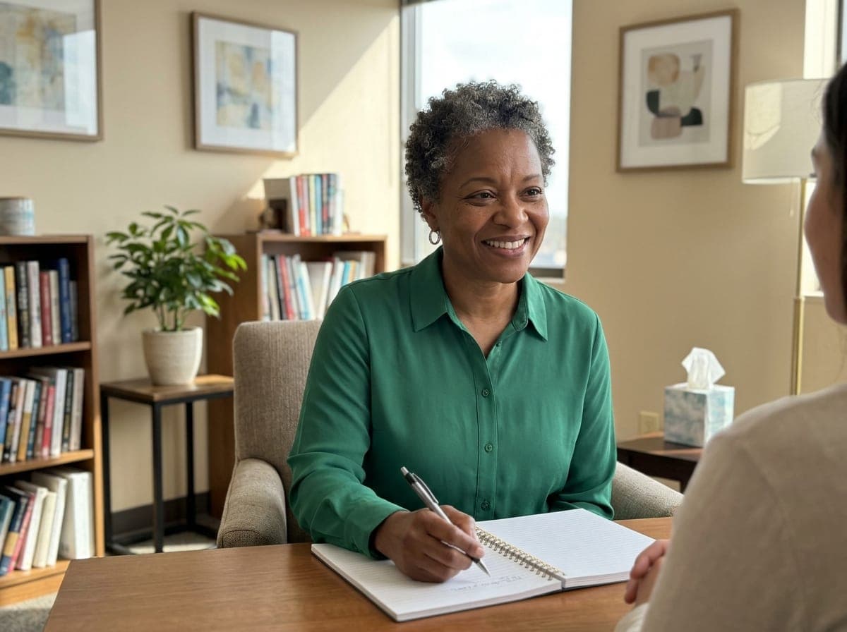 A psychologist in a therapy office listens to a client during a session.