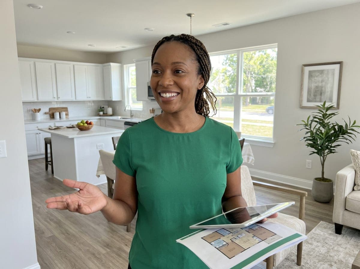 A real estate agent at the front door of a house, handing keys to a homebuyer who is stepping inside.