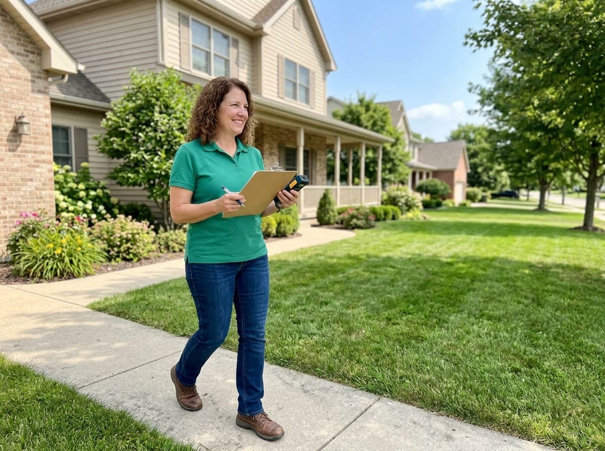A real estate appraiser walking around a home with a laser measuring tool, taking notes for a report.