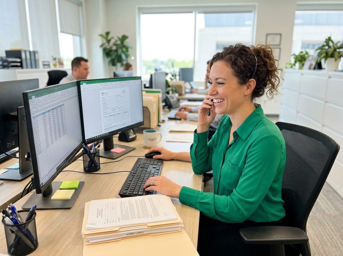 A transaction coordinator working through closing paperwork and a purchase contract at a desk.