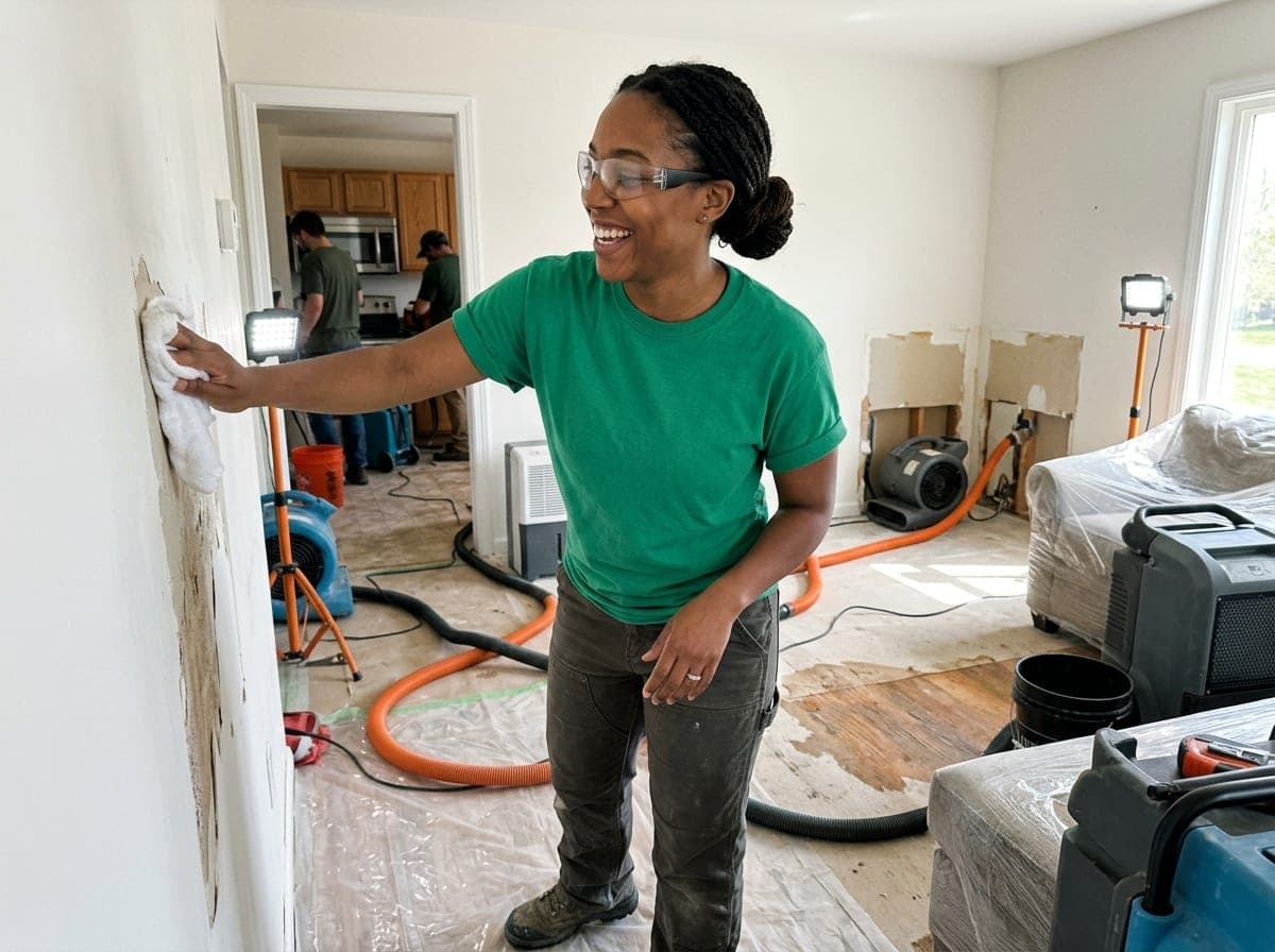 A restoration technician places an air mover in a water-damaged room while dehumidifiers are nearby.