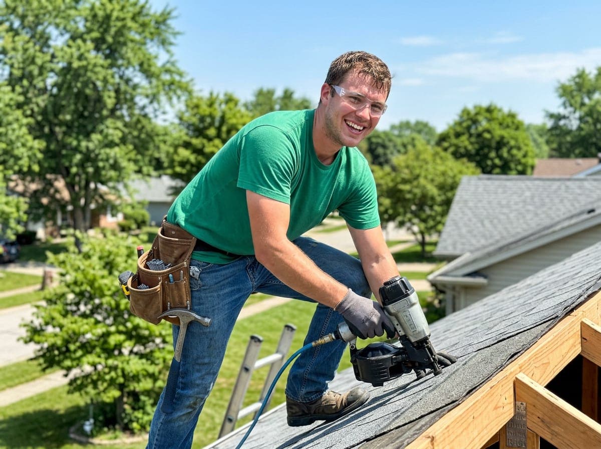 Two roofers in harnesses laying shingles on a sloped home roof on a clear day.
