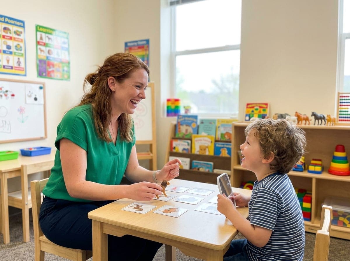 A speech therapist sits at a small table with a young client, holding up a picture card to prompt a word during a session in a bright clinic room.