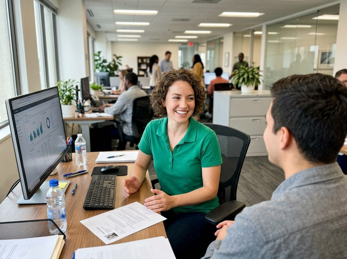 A recruiter at a staffing agency sits with a headset, coordinating a temporary worker placement with a client over the phone.