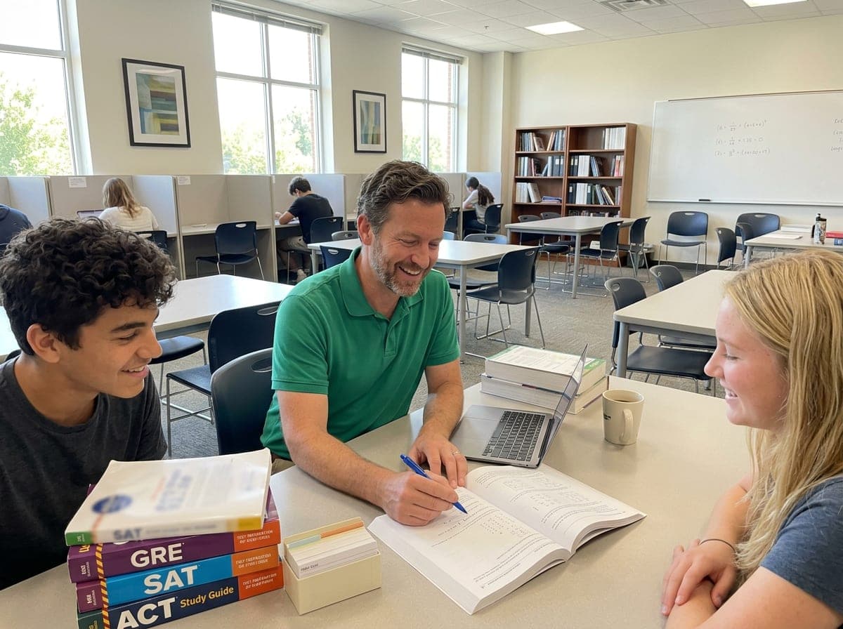 Students in a test prep class going through a practice exam together at a long table, with an instructor leaning in to help.