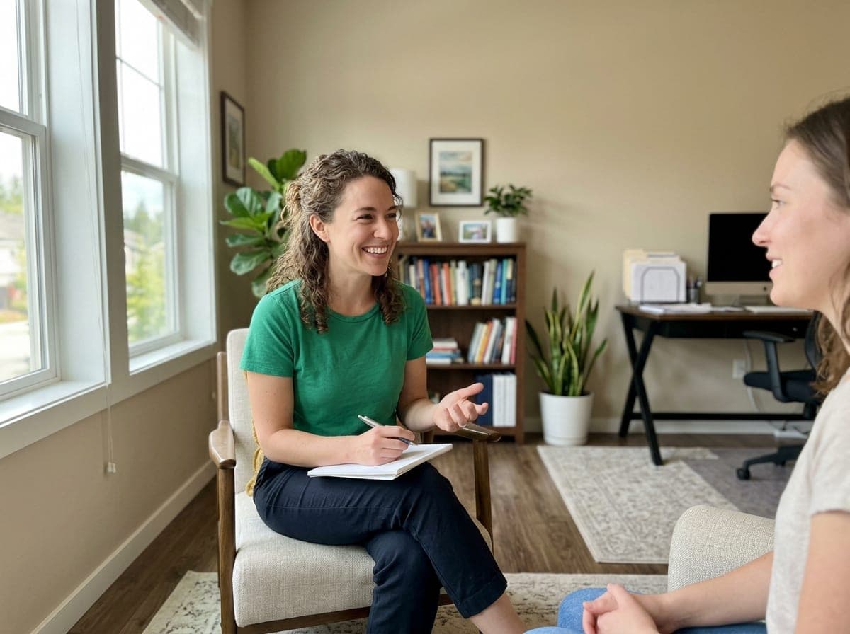 A therapist sits in an armchair across from a client in a quiet office with a box of tissues on the table between them.
